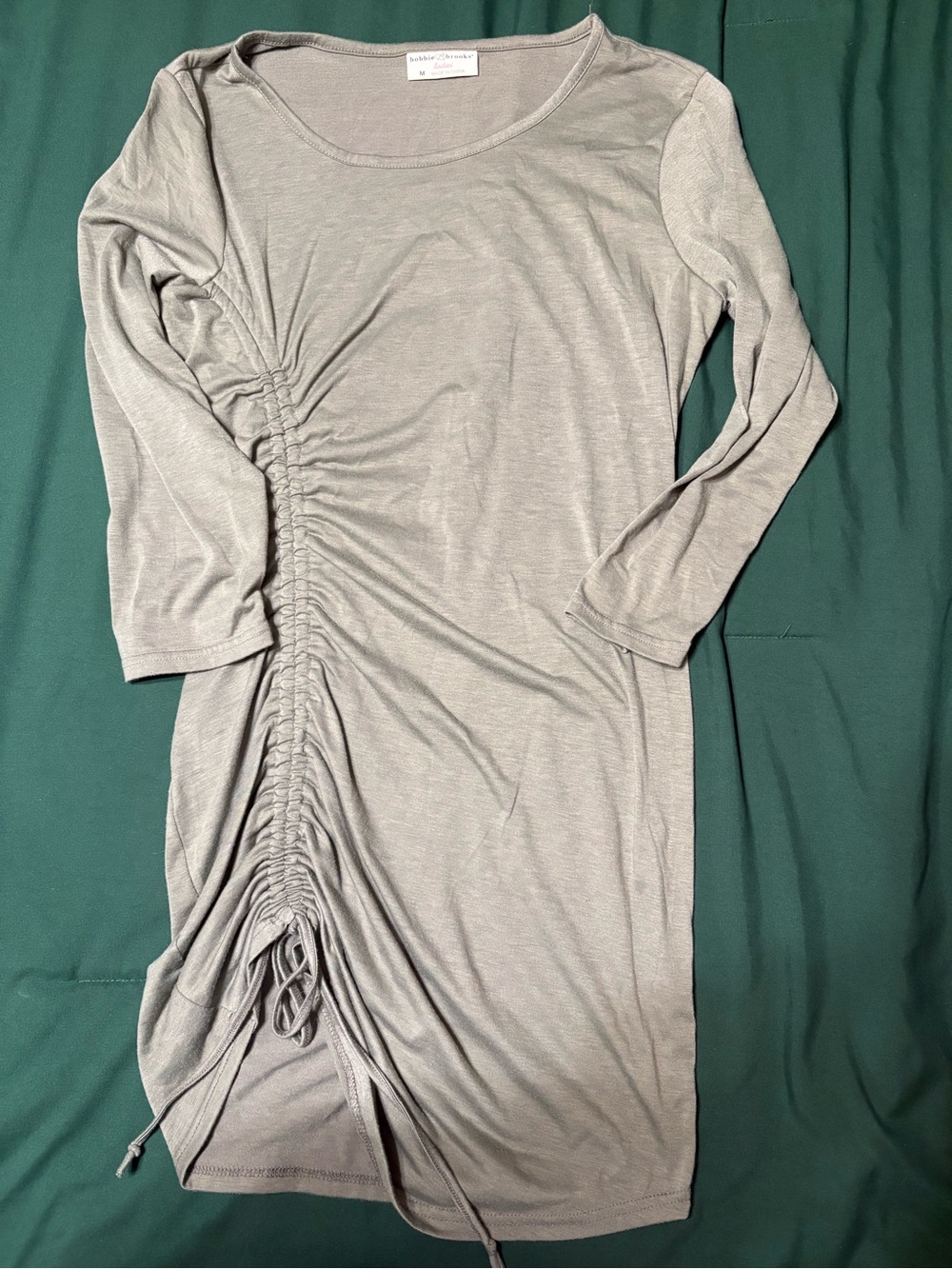 Women’s Green Ruched Side Tie Long Sleeve Dress